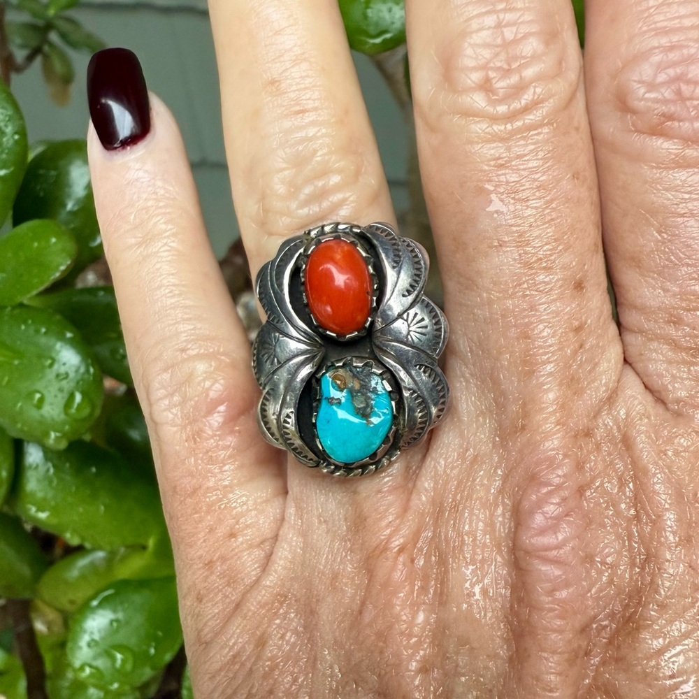 Vintage Navajo Sterling Silver Turquoise & Red Coral Ring Size 6.5 LESS ON I G - Picture 7 of 7